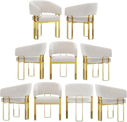 Boucle Dining Chairs Set of 9, White Barrel Dining Chairs with Arms and U-Shaped Mirrored Gold Legs, Modern Side Chairs for Dining Table, Kitchen and Dining Room Restaurant Recepition
