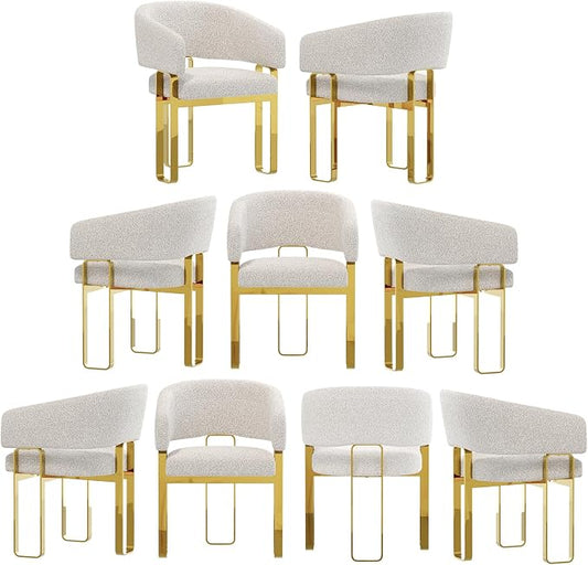 Boucle Dining Chairs Set of 9, White Barrel Dining Chairs with Arms and U-Shaped Mirrored Gold Legs, Modern Side Chairs for Dining Table, Kitchen and Dining Room Restaurant Recepition