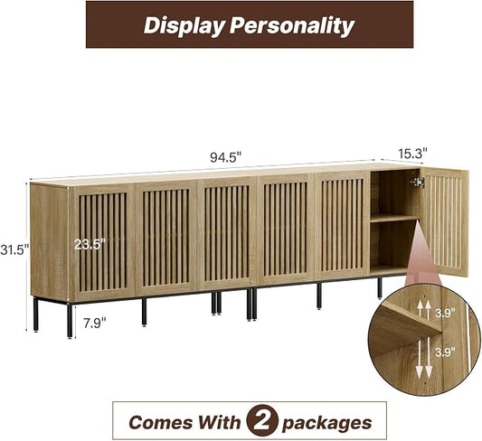 BVIUNTWO Buffet Cabinet with Storage,Set of 2 Farmhouse Console Table with Metal Base and Adjustable Shelves,Sideboard Coffee Bar Cabinet with 6 Doors for Kitchen,Dining Room,Living Room,Oak