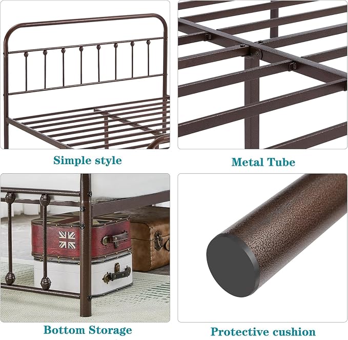 VECELO Purple Bronze Victorian Style Metal Bed Frame with Headboard/Mattress Foundation/No Box Spring Needed/Under Bed Storage and Strong Slat Support Queen Size