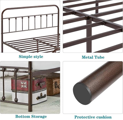 VECELO Purple Bronze Victorian Style Metal Bed Frame with Headboard/Mattress Foundation/No Box Spring Needed/Under Bed Storage and Strong Slat Support Queen Size