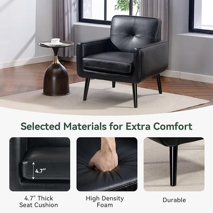 Vogue Furniture Direct Mid Century Accent Chair, PU Leather Modern Chair with Wooden Frame, Cozy Armchair Reading Chair with Comfy Back for Apartment, Living Room, Bedroom, Small Space, Corner, Black