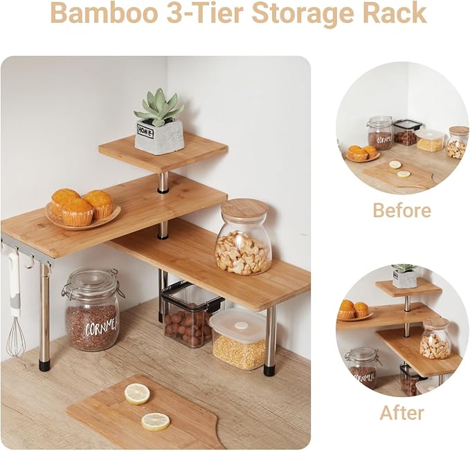 3-Tier Corner Shelf, Bamboo & Metal Storage Rack with Hooks, Adjustable Countertop Organizer for Kitchen, Bathroom, Bedroom or Office