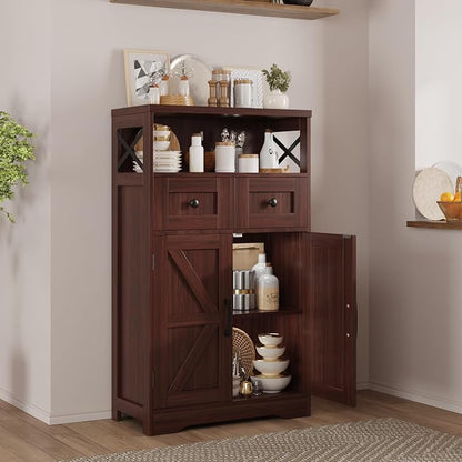 Befrases Set of 2 Dark Brown Storage Cabinet with Drawers and Shelves, Standing Kitchen Pantry Cabinet, Floor Storage Cabinet Hutch Cupboard, Coffee Bar Station for Dining Living Room Home Office