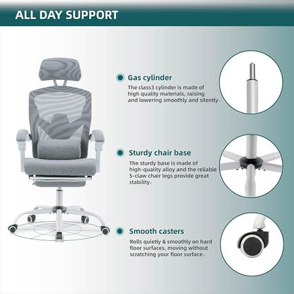 DUMOS Office Desk Computer Chair with Footrest, Ergonomic Mesh Swivel Gaming Chair with Rolling Wheels, Comfortable Headrest, Lumbar Support, Comfy for Home, Office, Task, Student, Elegant Grey