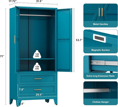 YAUWOH Farmhouse Wardrobe Cabinet with 2 Drawers,Metal Wardrobe Closet with Hanging Rod,Metal Armoire with Adjustable Shelves for Bedroom,Cloak Room,Office (Blue)