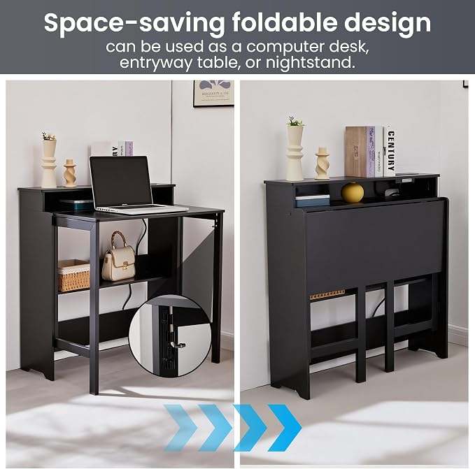 Fold Out Desk with Power Outlets, Small Foldable Table with Storage Shelf,Space-Saving Hidden Desk for Bedroom, Living Room & Office (Black)