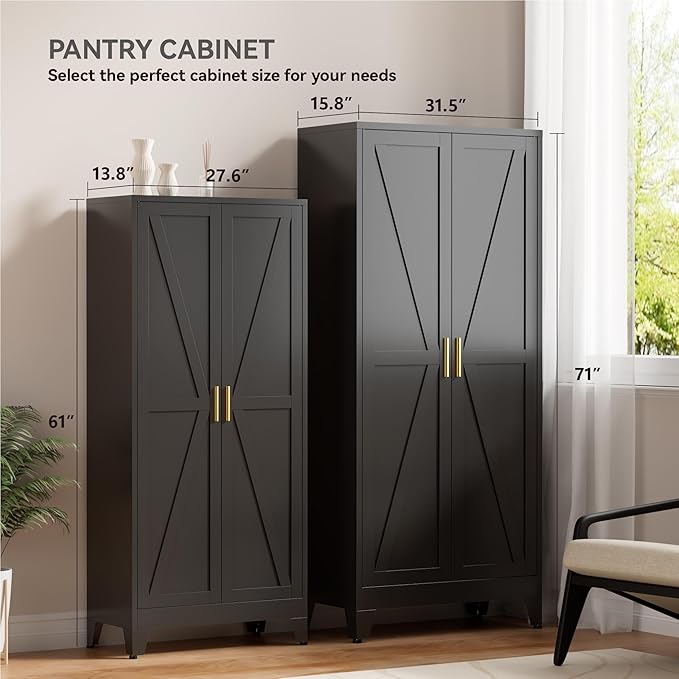 Farmhouse Pantry Cabinet with Barn Doors, 71" H x 31.5" W, 5-Tier Metal Storage Cabinet with 4 Adjustable Shelves for Kitchen Garage Dining Room, Black 1 Pack
