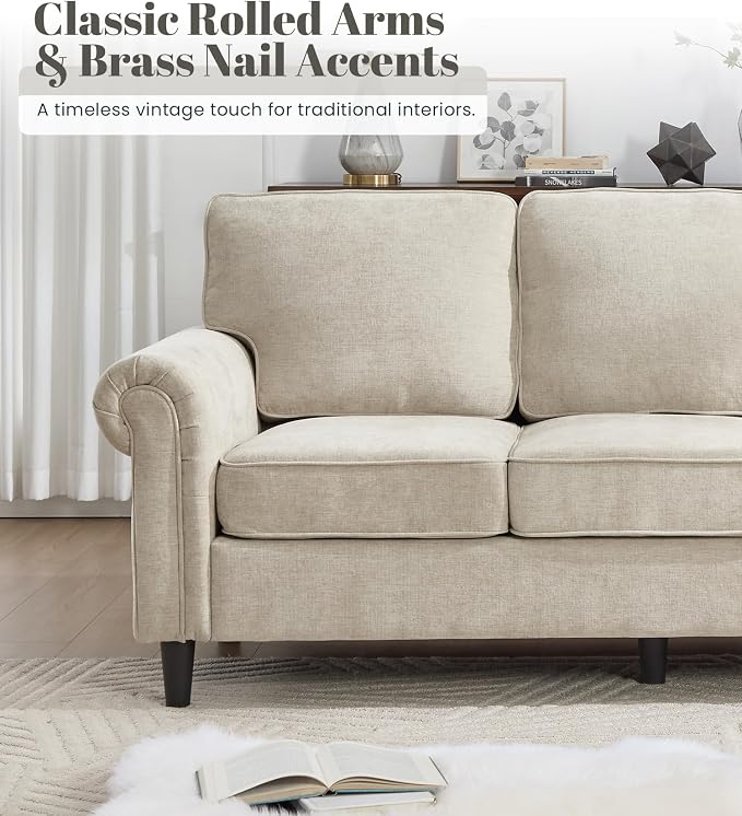 Kingfun 3 Seater Couch, Mid Century Modern Sofa Set with Rolled Arms and Deep Seats, Fluffy Comfort for Living Room, Apartment, Easy Assembly, Khaki