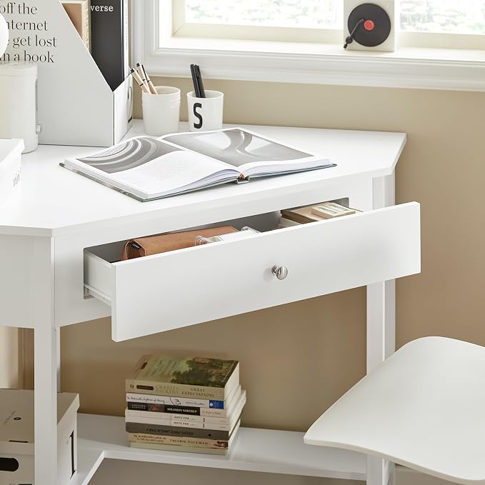 Haotian Small Corner Desk, Triangle Computer Desk with Drawer and Ladder Shelf, Home Office Writing Vanity Table, White FWT31-W