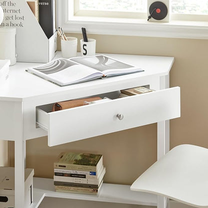 Haotian Small Corner Desk, Triangle Computer Desk with Drawer and Ladder Shelf, Home Office Writing Vanity Table, White FWT31-W