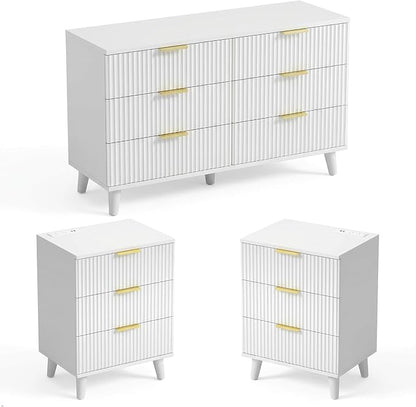 Lulive Modern Dresser and Nightstand Sets 3-Piece, 6-Drawer Dresser + 2 White Night Stands with Charging Station Bedroom Sets Solid Wood Legs (White)
