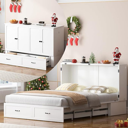 CECER Queen Murphy Bed with Mattress，Space Saving and Easy Assemble-White | Built-in Multi-Port Charging Station ＆ Large Storage Drawer，Sturdy frame ＆ Easy to Move Track