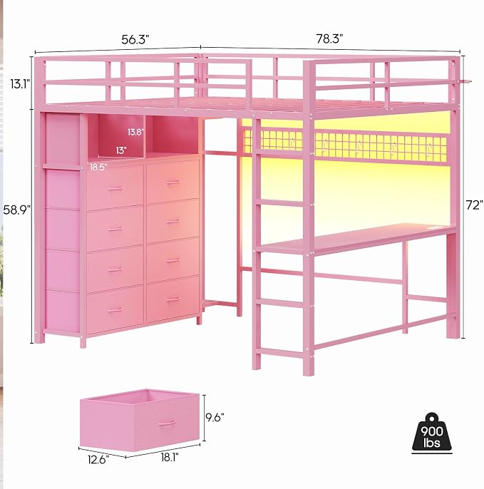ADORNEVE Loft Bed Full Size with Desk and 8 Storage Drawers, LED Metal Loft Bed with Power Outlet, 2 Shelves & Clothing Rack, Bed with Safety Guardrail & Ladder,Space-Saving, Pink