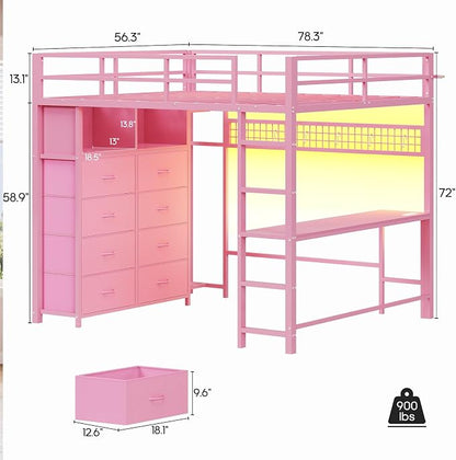 ADORNEVE Loft Bed Full Size with Desk and 8 Storage Drawers, LED Metal Loft Bed with Power Outlet, 2 Shelves & Clothing Rack, Bed with Safety Guardrail & Ladder,Space-Saving, Pink