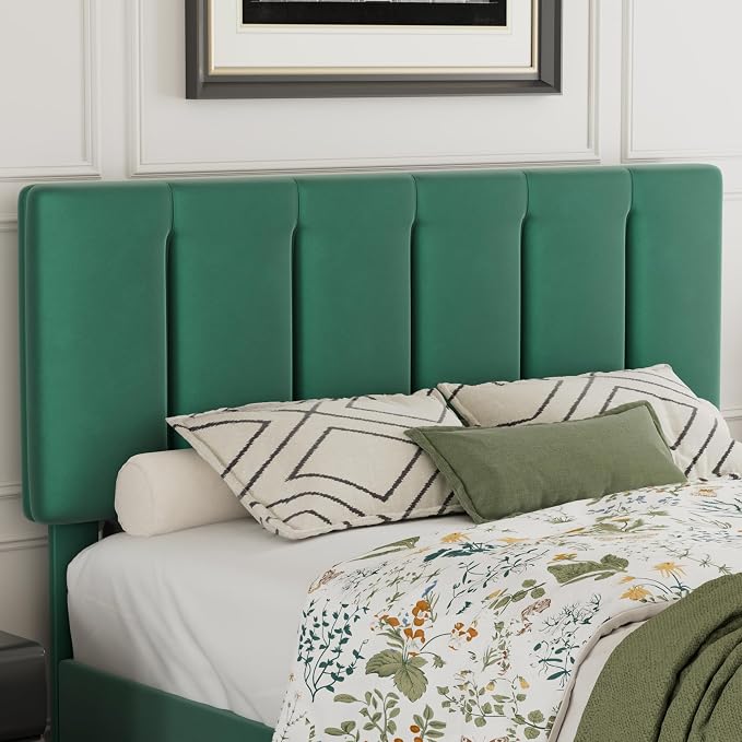VECELO Queen Size Bed Frame with Adjustable Headboard, Upholstered Platform Bedframe with Wood Slat Support, No Box Spring Needed, Easy Assembly, Dark Green