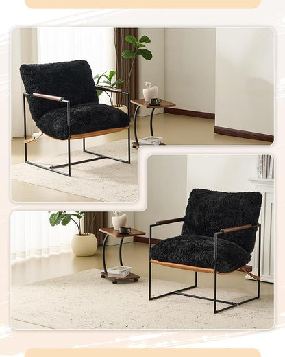Karl home Modern Metal Frame Accent Chair, Black | Plush Fleece Upholstered, Wood Padded Armrest, 28" Seat Width, Comfy Lounge Armchair for Living Room, Bedroom, Apartment