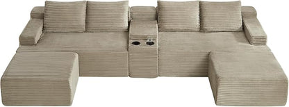 ivoros 140 Inch Modular Sectional Sofa Couch, Oversized Modern Cloud Couch for Living Room, U Shape Couches with 2 Ottomans and Cup Holders, Camel Corduroy Boneless Sofas, Sofa in a Box