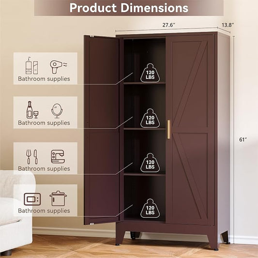 Baborokic 61H Metal Storage Cabinet with 2 Doors and Adjustable Shelves,Farmhouse Storage Cabinet with Barn Doors,Pantry Storage for Home,Office,Dining Room,Kitchen(Burgundy)