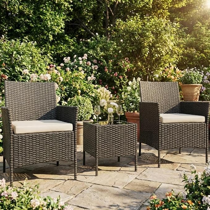3PCS Outdoor Patio Bistro Set, PE Wicker Armchairs with Coffee Table, Beige
