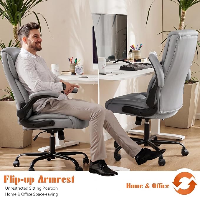 Sweetcrispy Office Computer Gaming Chair, Ergonomic High Back Heavy Duty Task Desk Chairs with Wheels, Flip-up Arms, Adjustable Height, PU Leather, Grey