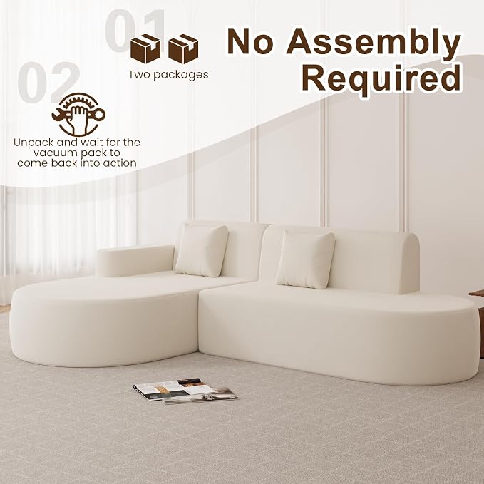 MELLCOM Modern Curved Boneless Sofa Couch, L-Shaped Corner Sofa, No Assembly Needed, Chenille Upholstered Cloud Sectional Couch for Living Room, Bedroom and Apartment (Beige, Left Hand Facing)