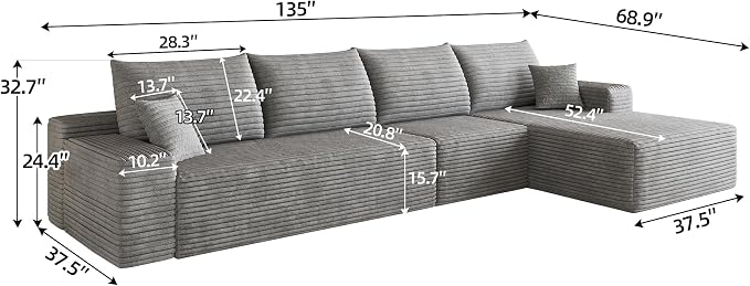 Eafurn 135" Oversized L-Shaped Boneless Sectional Sofa Couch with Chaise, Fluffy Corduroy Modular Couch with Deep Seat,Flexible Combination Corner Sofa & Couch for Living Room, No Assembly