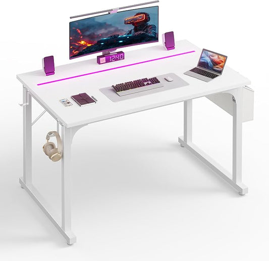 DurayLoly 40" Computer Desk with Waterproof LED Lights,Bedroom Study Desk for Teens,Dorm Room Essentials,Headphone Hook&Storage Bag for Small Spaces,Sturdy Metal Frame,White