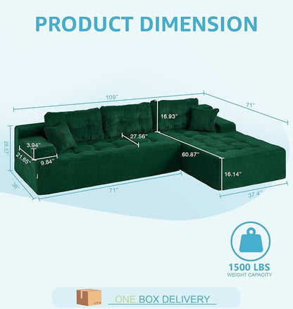 Hobestluk Modular Sectional Sofa Couches L-Shape Couch 3 Seat Modular Sofa Memory Foam Sectional Couches for Living Room, Cloud Couch (Emerald Corduroy, 108", Right Hand Facing)