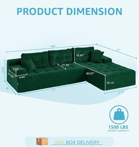 Hobestluk Modular Sectional Sofa Couches L-Shape Couch 3 Seat Modular Sofa Memory Foam Sectional Couches for Living Room, Cloud Couch (Emerald Corduroy, 108", Right Hand Facing)