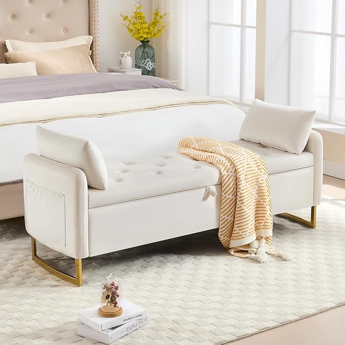 65" End of Bed Storage Bench, Velvet Storage Bench for Bedroom, Bed Bench with Storage, Tufted Upholstered and Gold Legs, Bedroom Benches with Arms for Living Room Window and Entryway Beige