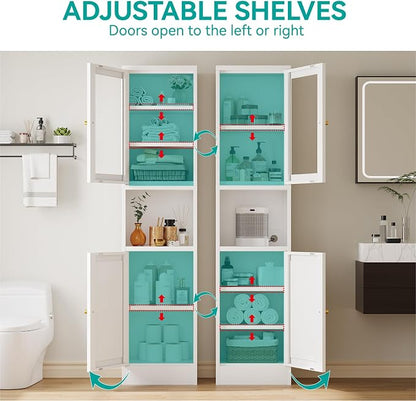67" Tall Narrow Storage Cabinet with Glass Door and Open Shelf,Metal Pantry Cabinet with Adjustable Shelves,Shaker Style Slim Cabinet for Bathroom Kitchen Small Spaces, White, 1Pc