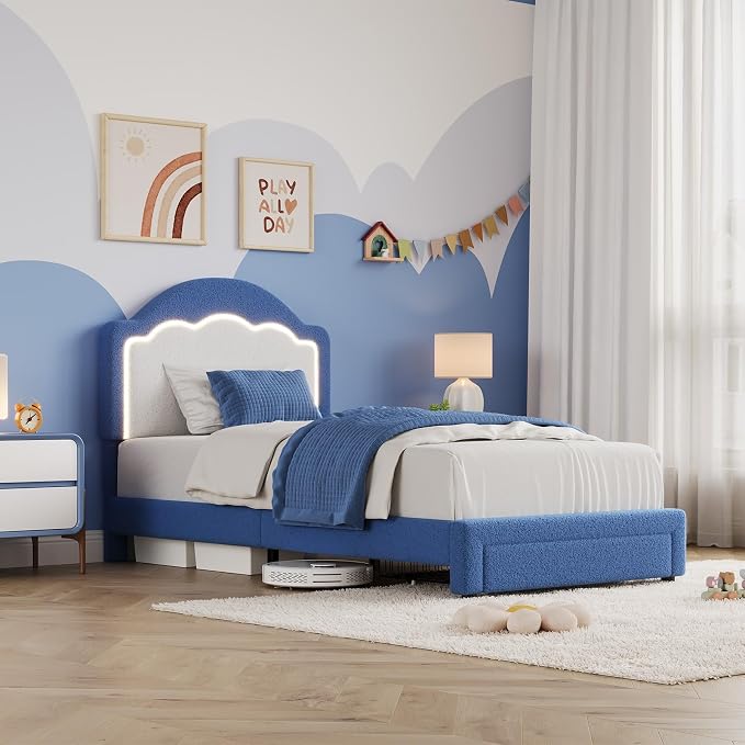 IDEALHOUSE Twin Bed Frame with LED Headboard and Under-Bed Drawer, Boucle Fabric Upholstered Platform Bed with LED Light for Kids, Girls, Wooden Slats Support, No Box Spring Needed, Pink