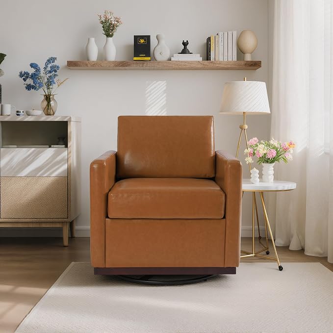 360° Swivel Accent Chairs Set of 2, 31" Wide Faux Leather Upholstered Club Armchairs for Living Room, Comfy Square Swivel Barrel Chair with Metal Base, Light Brown