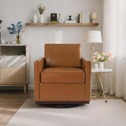 360° Swivel Accent Chairs Set of 2, 31" Wide Faux Leather Upholstered Club Armchairs for Living Room, Comfy Square Swivel Barrel Chair with Metal Base, Light Brown