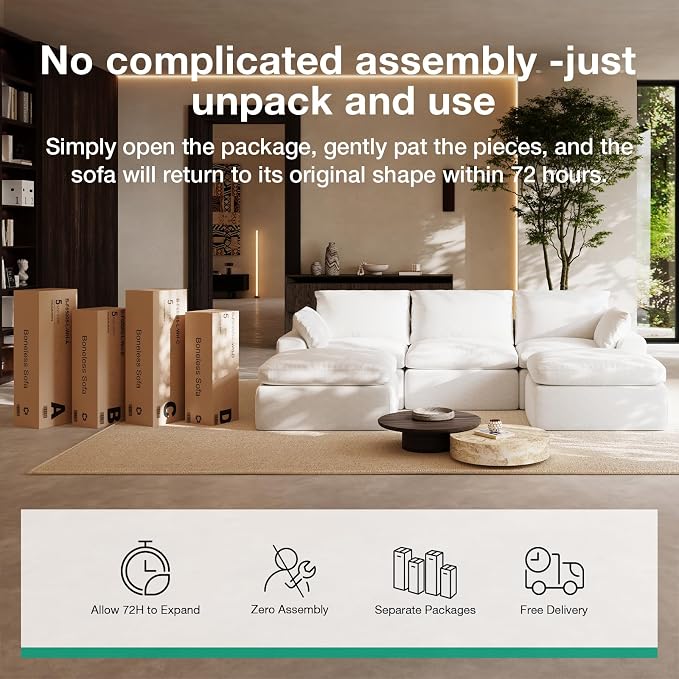 Novilla 133.8" Modular Cloud Couch, Modern Sectional Sofa with Smarts Coil® Support, Chenille Fabric, Upholstered Couch for Living Room Apartments Bedroom, No Assembly, 4 Seater + 4 Ottoman, White