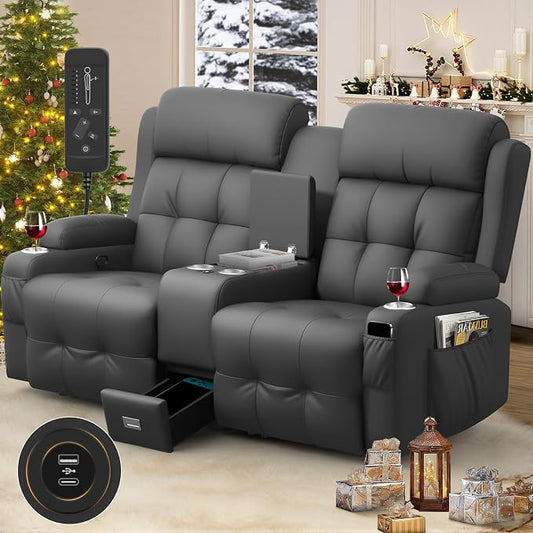 Reclining Loveseat, Massage Loveseat Recliner Sofa Heavy Weight Capacity, RV Love Seat Chair Clearance with Console, USB, Type C Port, Storage, Cup Holders, Wall Hugger Couch for Living Room