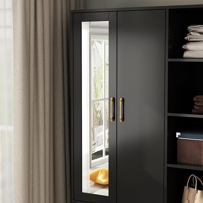 Homsee Wardrobe Armoire Wooden Closet with Mirror, 2 Doors, 2 Drawers, 4 Open Storage Cubes and Hanging Rod for Bedroom, Black (35.5”L x 15.8”W x 70.8”H)