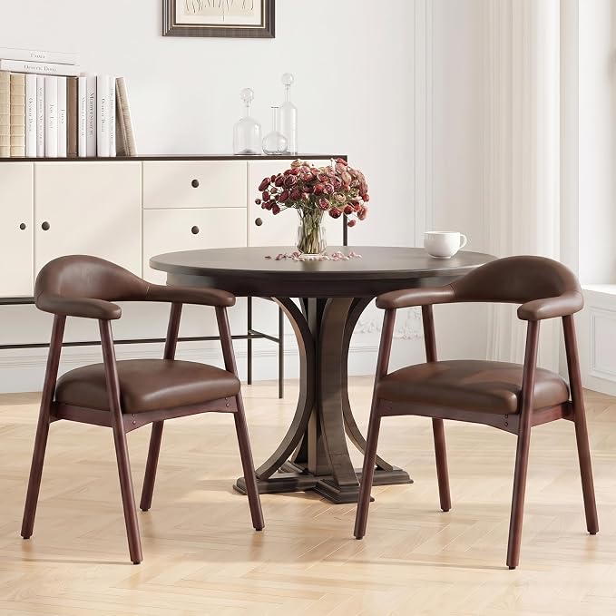MALOL Leather Dining Chair with Armrest Set of 2, Upholstered Dining Room Chair with Curved Back and Wood Legs, Mid Century Modern Kitchen Chairs for Kitchen Dining Room,Dark Brown