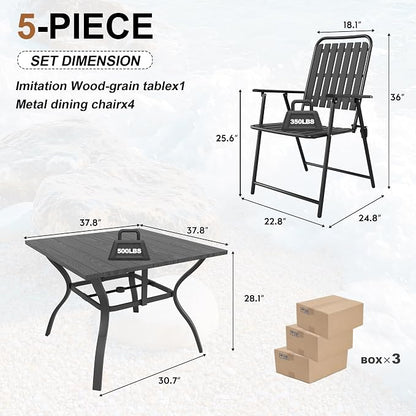 Outdoor Dining Set for 4, Patio Table and Foldable PP Chairs Set with 1.97'' Umbrella Hole, 5pcs Patio Furniture Set 37.8”x37.8” Dining Table Set with No Assembled Chairs for Porch Deck Backyard Pool