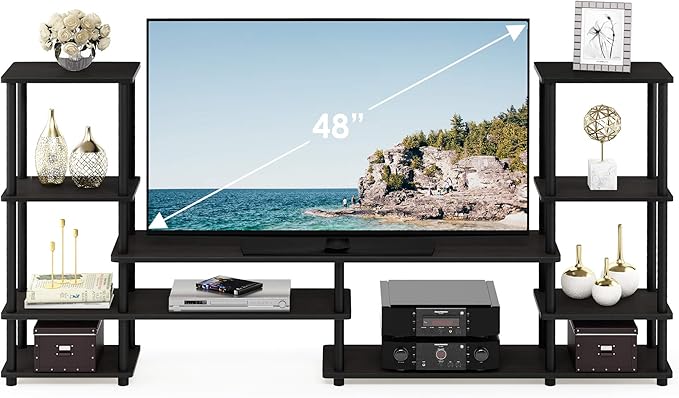 Furinno Turn-N-Tube TV Stand, Wide Open Frame Entertainment Center with Storage, TV Console with Tall Side Shelves for TV up to 48 Inch, for Living Room, Bedroom, Espresso