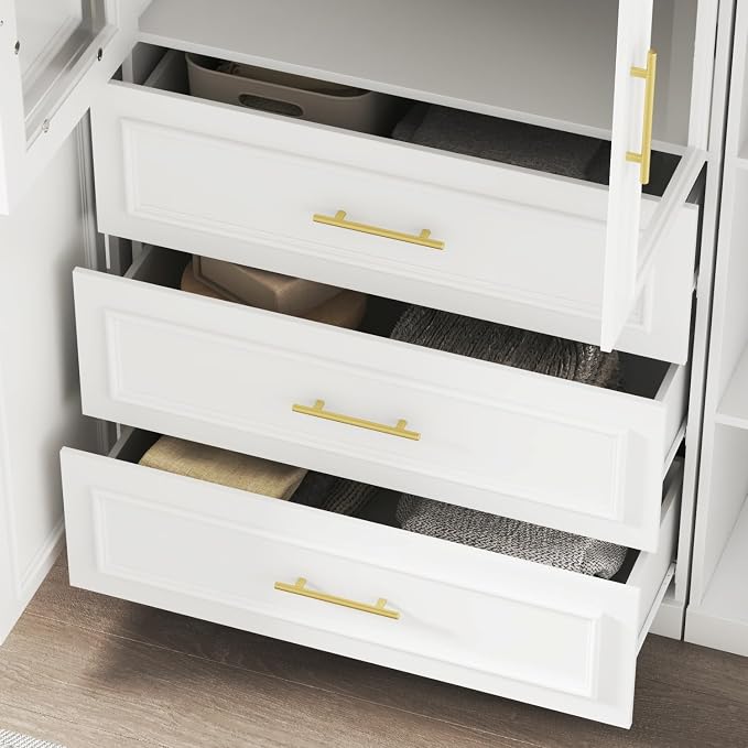 Timechee Almirah for Clothes, White Large Wardrobe Closet System, Bedroom Storage Cabinets with Tempered Glass Doors and Shelves,Hanging Rods, Standing Armoire Wardrobe Closet with Drawers for Bedroom