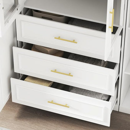 Timechee Almirah for Clothes, White Large Wardrobe Closet System, Bedroom Storage Cabinets with Tempered Glass Doors and Shelves,Hanging Rods, Standing Armoire Wardrobe Closet with Drawers for Bedroom
