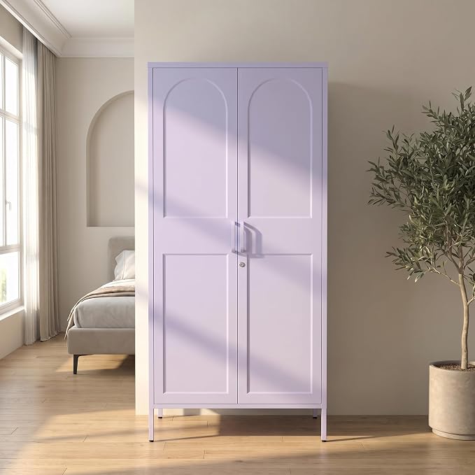 67 Inch Lockable Lavender Purple Metal Storage Wardrobe, French Retro Arched Door Steel Closet with Hanging Rod & Adjustable Shelves for Bedroom Office Size：67" H x 31.5" W x 18.1" D
