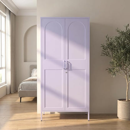 67 Inch Lockable Lavender Purple Metal Storage Wardrobe, French Retro Arched Door Steel Closet with Hanging Rod & Adjustable Shelves for Bedroom Office Size：67" H x 31.5" W x 18.1" D