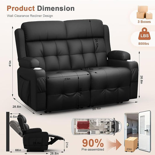 Loveseat Recliner Sofa, Home Theater Seating with Massage, Reclining Loveseats with Console, Wall Hugger RV Couch Movie Theater Chairs, RV Furniture Sofas with USB, Cup Holders, Drawer for Gaming Room