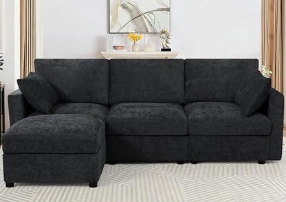 84” Chenille 3-Seats Sofa W/Movable Ottoman, Black | Modern Fabric L-Shaped Couch w/Soft Backrests, Upholstered Sectional Sofa w/Arm Pillows for Living Room