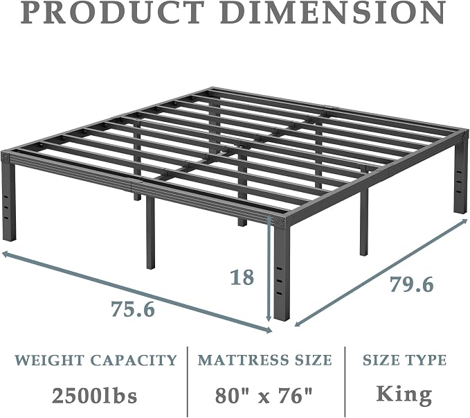 FSCHOS King-Size Bed-Frame / 18 Inch Metal Platform Bed Frame King/Reinforced Steel Slats Support/Heavy Duty Mattress Foundation/No Box Spring Needed/Easy Assembly/Noise Free/Black