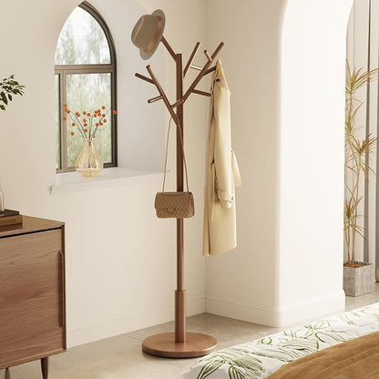 Muwuele Coat Rack, Solid Wood Coat Rack Freestanding With 12 Hooks, Coat Tree Freestanding Heavy Duty 3 Adjustable Heights For Coat, Hats, Handbags, Coat Hanger Stand For Entryway, Bedroom, Walnut