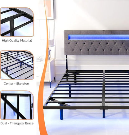 VINGLI Queen Floating Bed Frame with Headboard Heavy Duty Metal Frame, Storage Shelf, LED Lights Charging Station, Modern Platform Bed, Adjustable Headboard, No Box Spring Needed, Grey